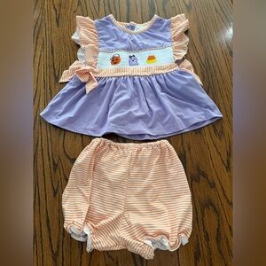 Little Red Wagon Halloween Smocked Bloomer Girls Set 2T Orange Stripes Purple